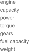 engine capacity power torque gears fuel capacity weight