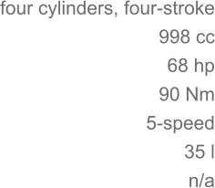 four cylinders, four-stroke 	998 cc 68 hp 	90 Nm 5-speed 35 l 	n/a