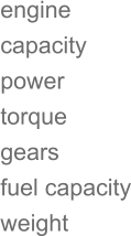 engine capacity power torque gears fuel capacity weight