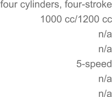 four cylinders, four-stroke 	1000 cc/1200 cc n/a 	n/a 5-speed n/a 	n/a