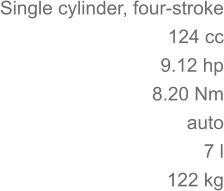 Single cylinder, four-stroke 124 cc 9.12 hp 	8.20 Nm auto 7 l 122 kg