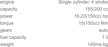 engine capacity power torque gears fuel capacity weight   Single cylinder, 4 stroke 155/200 cc 16,23(150cc) hp 	15(150cc) Nm auto 7 li 	140/na kg