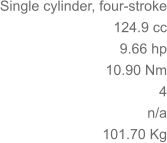 Single cylinder, four-stroke 124.9 cc 9.66 hp 	10.90 Nm 4 n/a 	101.70 Kg